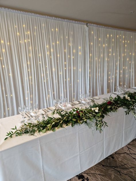 Drape and fairy backdrop to cover up ugly / busy walls Wall Covering Ideas For Party, Draped Walls Wedding, Wedding Wall Covering Ideas, Busy Walls, Fairy Backdrop, Fairy Light Curtain, Draping Wedding, Hiding Ugly, Party Hardy