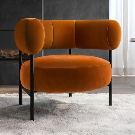 Buy Rust Velvet Curved Armchair - Romy from Furniture123 - the UK's leading online furniture and bed store Red Chair Living Room, Orange Armchair, Luxurious Living Room, Chairs Living Room, Red Furniture, Upholstery Armchair, Living Room Design Inspiration, Arm Design, Upholstered Armchair