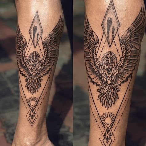 Eagle Calf Tattoo Men, Eagle Calf Tattoo, Geometric Eagle Tattoo Design, Guys Forearm Tattoos, Geometric Eagle Tattoo, Eagle Forearm Tattoo, Small Tattoos For Guys Forearm, Tattoos Calf, Goodfellas Tattoo