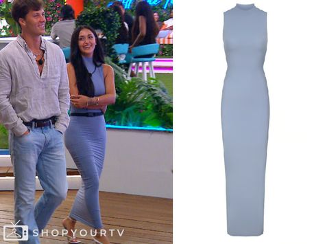 Love Island (USA): Season 6 Episode 13 Leah's Blue Fitted Dress Love Island Usa Rob And Leah, Leah Love Island Usa Outfits, Rob And Leah Love Island Season 6, Rob And Leah Love Island, Leah Love Island Usa Season 6, Love Island Usa Outfits, Leah Love Island Usa, Leah Love Island Outfits, Leah Kateb Love Island Outfits