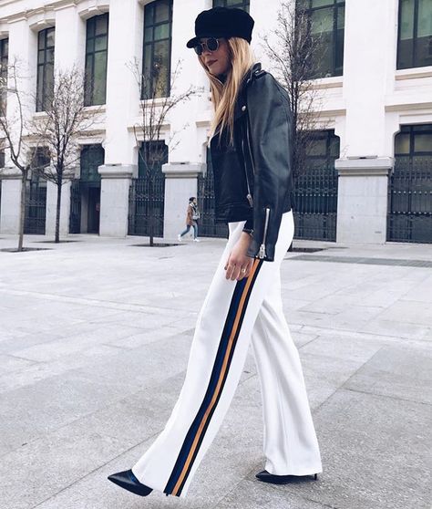 Street Style Blogger’s Instagram post: “✌️ @sofiahamela wearing Zara Trousers ( 2313/878 )” Adidas Street Style, Adidas Pants Outfit, Street Magazine, Striped Wide Leg Trousers, Pajama Style, Zara Trousers, Blogger Street Style, Zara Jumpsuit, Athletic Style