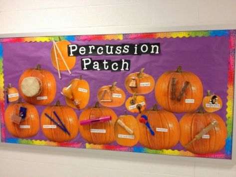 Percussion Patch bulletin board. The pumpkins came from Oriental Trading, but the instruments came right out of her classroom. What a fun idea! Music Room Bulletin Boards, Band Classroom, Music Classroom Bulletin Boards, Music Bulletin Board, Elementary Music Room, Music Bulletin Boards, Music Classroom Decor, Halloween Bulletin Boards, Elementary Music Education