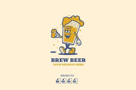 Brew Beer Retro Cartoon Logo Beer Vintage Illustration, Beer Cartoon Drawing, Retro Beer Logo, Beer Character, Beer Bar Design, Craft Beer Logo, Beer Logo Design, Beer Drawing, Beer Quote