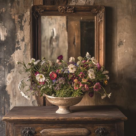 "Step back in time with \"Vintage Reflection,\" a square format digital print that encapsulates the timeless elegance of a bygone era. This art piece features a stunning bouquet of wildflowers atop an antique dresser, all bathed in the soft light that whispers tales of yesteryear. 🌸 Nostalgic Charm: A floral arrangement that brings the delicate balance of nature and vintage décor to your living space. 🖼️ Antique Grace: The rustic elegance of the dresser and the soulful depth of the aged mirror add layers of history and character to your wall. 🎨 Square Elegance: Specifically designed in a square format to emphasize the composition's symmetry and beauty. 📥 Instant Download: Available for immediate download, this high-resolution JPG file at 300dpi will bring a touch of vintage charm to yo Vintage Flower Arrangements, Vintage Home Decor Antiques, Floral Couch, Bouquet Of Wildflowers, Earth Tone Decor, Balance Of Nature, Aged Mirror, Moody Decor, Dresser And Mirror