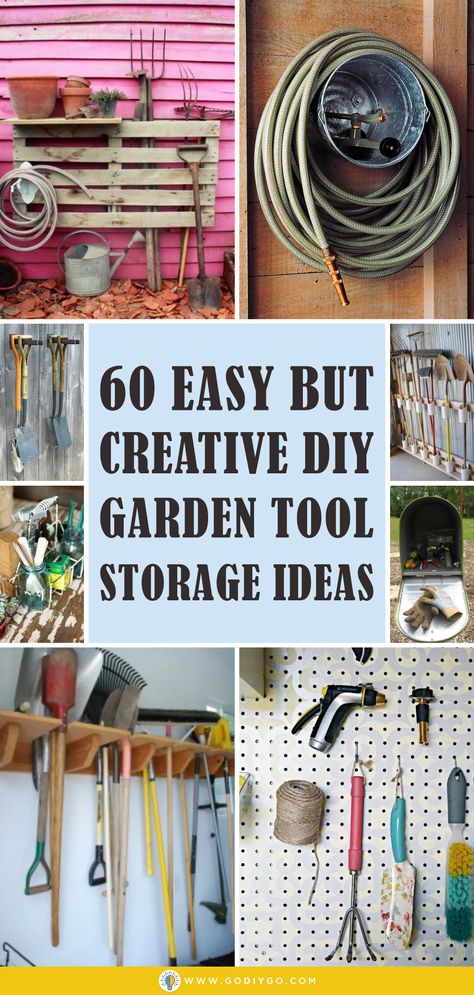 60 Easy but Creative DIY Garden Tool Storage Ideas - GODIYGO.COM Garden Tool Storage Ideas, Yard Tool Storage Ideas, Tool Storage Ideas, Tool Organization Diy, Outdoor Tool Storage, Garden Storage Bench, Garden Tool Box, Diy Closet Storage, Storing Garden Tools