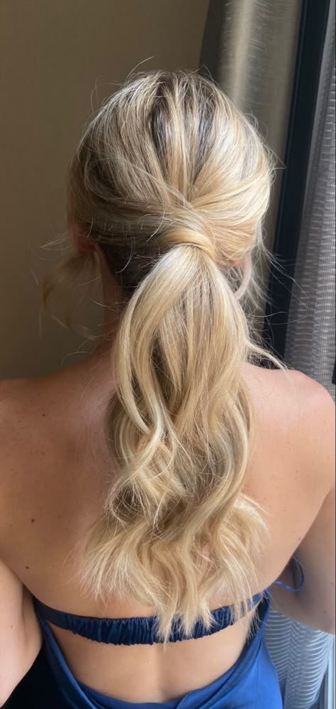 Wedding guest updo with curled ponytail Bridal Ponytail Medium Hair, Deb Hairstyles Ponytail, Wedding Updo Ponytail, Curled Hair Updo, Wedding Guest Ponytail, Ponytail Bridal Hairstyles, High Pony Wedding Hair, Ponytail Updo Wedding, Elegant High Ponytail