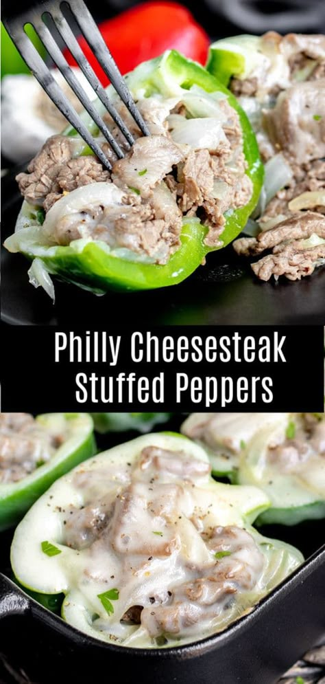 This low carb recipe for Philly Cheesesteak Stuffed Peppers is packed full of thinly sliced steak and onions, stuffed into green bell peppers, and topped with melted provolone cheese. It is a low carb, keto dinner recipe that can be made ahead of time and stored in the freezer. Perfect for low carb meal prep! #stuffedpeppers #steak #beef #easydinnerrecipes #cheesesteak #lowcarb #keto #lowcarbrecipes #ketorecipes #homemadeinterest Low Carb Shaved Steak Recipes, Philly Recipes, Low Carb Keto Dinner, Philly Cheesesteak Stuffed Peppers, Keto Dinner Recipe, Cheesesteak Stuffed Peppers, Steak And Onions, Low Carb Meal Prep, Low Carb Recipe