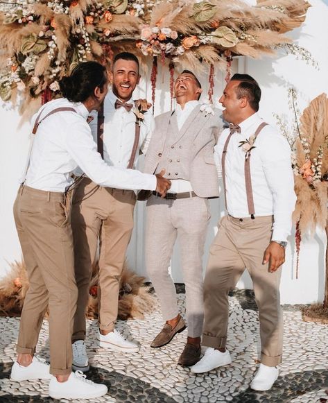 Boho Mens Wedding Suit, Groomsmen Outfit Ideas Rustic, Beige Wedding Theme Groomsmen, Boho Beach Wedding Mens Attire, Khaki Mens Wedding Attire, Rustic Wedding Outfit For Men, Boho Tuxedo Wedding, Tan Tux Wedding Color Combos, Terracotta Wedding Party Groomsmen