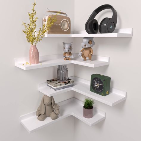 White Corner Shelf, L Shaped Bathroom, Corner Floating Shelves, Wood Corner Shelves, Shelf For Bedroom, House Cleaner, Wall Mounted Shelf, Floating Corner Shelves, Wood Hanger