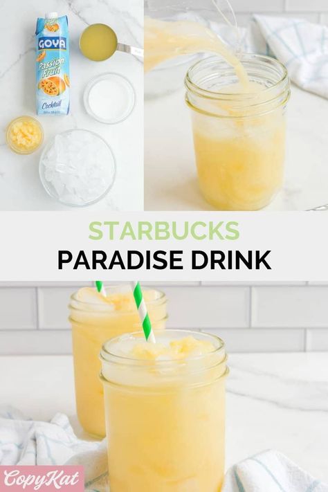 Starbucks Paradise Drink, Refresher At Home, Starbucks Copycat Recipes Drinks, Paradise Drink, Copycat Drink Recipes, Homemade Starbucks, Passion Fruit Syrup, Starbucks Drinks Diy, Drink At Home