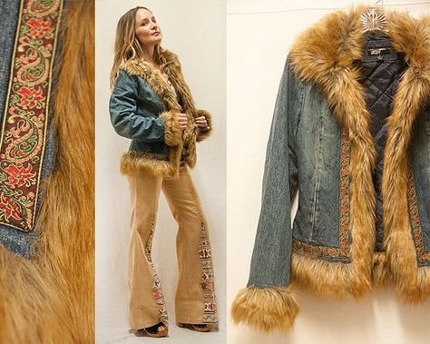 Fur Denim Jacket Outfits, Boho Jean Jacket, Fur Jacket Outfit, Fur Jean Jacket, 70s Jacket, Denim Jacket With Fur, Penny Lane Coat, Jean Jacket Outfits, Boho Jeans