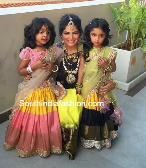 ariana and viviana in half sarees - Telugu wedding Kids Indian Wear, Kids Ethnic Wear, Kids Wear Girls, Half Sarees, Kids Blouse Designs, Kids Lehenga, Kids Blouse, Kids Frocks Design, Kids Dress Wear