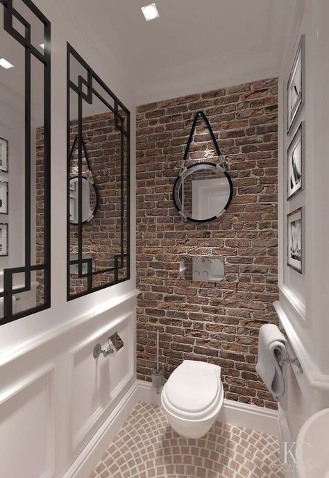 Exposed Brick Powder Room, Brick Wall Powder Room, Brick Wall Bathroom, Wc Chic, Brick Tiles Bathroom, Wc Decor, تصميم دورة مياه, Brick Bathroom, Small Farmhouse Bathroom