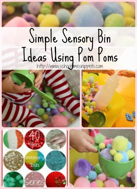 School Time Snippets: Sensory Bin Ideas Using Pom Poms {40 Days of Sensory Bin Fillers} Sensory Bin Fillers, Sensory Bin Ideas, Toddler Sensory Bins, Sensory Tubs, Sensory Boxes, Sensory Table, Kids Sensory, Sensory Bin, Early Intervention