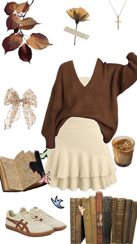 #outfit #outfitidea #aesthetic #chic #fashion #falloutfitideas #fall #autumn #academia #brown Mocha Brown Outfit Ideas, Brown Cottagecore Outfit, Warm Brown Outfit, Brown Aesthetic Outfit Girl, Brown Sweater Outfit Aesthetic, How To Style A Brown Skirt, Speech Outfit, Brown Outfits Aesthetic, Soft Academia Aesthetic Outfits