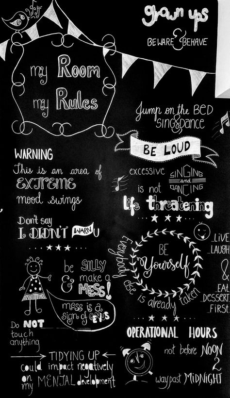 A doodled chalk board wall art for the kids room Chalk Board Ideas For Girls Room, Cute Chalkboard Ideas, Chalkboard Sayings, Chalk Wall Art, Chalkboard Art Quotes, Blackboard Drawing, Window Writing, Chalk Wall, Mini Chalkboards