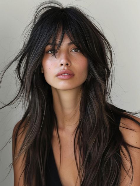 38 Best Long Shag Haircut Ideas: A 2024 Style Guide Curly To Straight Hair, Feathered Bangs, Long Shag Haircut, Long Shag, Choppy Layers, Hair 2024, Haircuts Straight Hair, Curly Hair With Bangs, Long Hair With Bangs