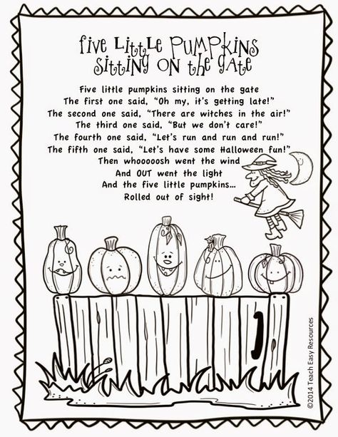 FREE Five Little Pumpkins Sitting on the Gate Poem and Colouring Sheet Five Pumpkins Sitting On A Gate, Preschool Pumpkin, Pumpkin Poem, 5 Little Pumpkins, Five Little Pumpkins, Halloween Poems, Halloween Kindergarten, Cartoon Expression, Pumpkin Coloring Pages