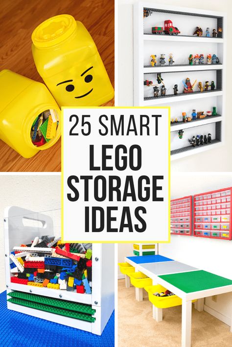 Are all those Lego pieces scattered on the floor driving you crazy? I've found 25 smart Lego storage ideas to help you keep you sanity and keep them organized! #lego #legostorage #legotable #legoorganization Mario Lego Storage, Lego Tray With Storage, Lego Shelf Diy, Legos Storage Ideas, Lego Duplo Storage, Duplo Storage Ideas, Lego Playroom Ideas, Lego Organization Ideas, Duplo Storage