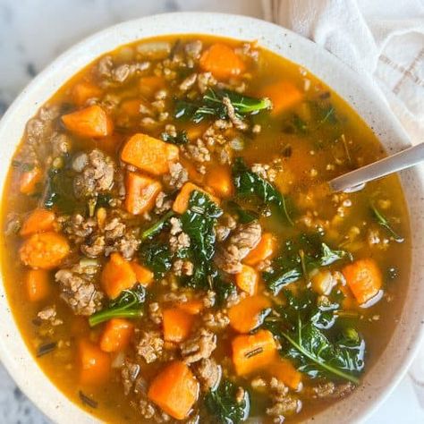 Kale Sweet Potato Soup, Sweet Potatoes Chicken, Potato And Kale Soup, Sausage Sweet Potato, Whole 30 Soup, Sweet Potato And Kale, Sausage Potato Soup, Sausage And Kale Soup, Kale Soup Recipes