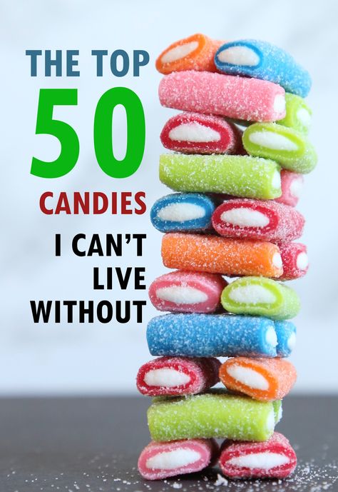 The Top 50 Candies I Can't Live Without ~ Did your favorite candy make the list? ~ From chocolate and gummies, to licorice and gum, here's my list of 50 types of candy full of my favorites. ~ Why choose one favorite when you can have 50? Types Of Candy List, Pictures Of Candy, List Of Candy, Sweet Tarts Candy, Canadian Candy, Candy Pictures, Unique Candy, Easy Candy Recipes, Licorice Candy