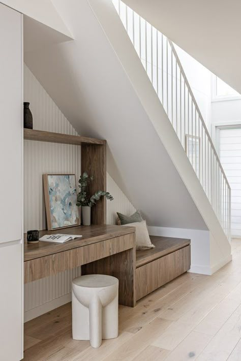 Desk Under Stairs, Entry Nook, Under Stairs Nook, Stair Nook, Under Stairs Storage, Organised Home, Stairs Storage, House Storage, Stairs In Living Room