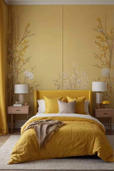 Yellow Bedroom Inspirations, Earthy Boho Bedroom, Mustard Bedroom, Yellow Bedroom Walls, Interior Design Yellow, Yellow Bedroom Ideas, Stylish Master Bedrooms, Dark Wood Bedroom, Yellow Accent Walls