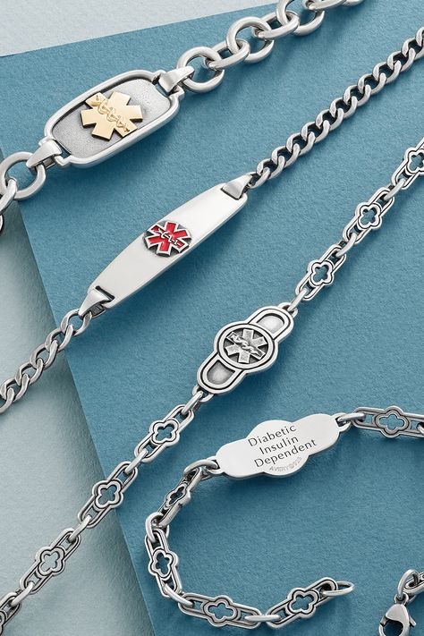 We have three styles of medical alert bracelets to notify paramedics of an allergy or condition. Engrave the back to personalize with your information. #MedicalAlertBracelet #MedicalAlert #MedicalID #JamesAvery Medical Alert Tattoo, Medical Alert Symbol, Allergy Bracelet, Medical Alert Jewelry, Medical Alert Bracelet, Engravable Jewelry, Medical Id Bracelets, Medic Alert Bracelets, James Avery Jewelry