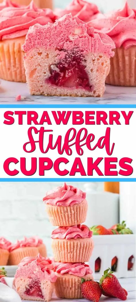 These strawberry-filled cupcakes take homemade vanilla cupcakes, bake them up with a whole strawberry inside, then top them off with a sweet strawberry jello frosting. Strawberry Jello Frosting, Jello Frosting, Fruity Cupcakes, Strawberry Filled Cupcakes, Stuffed Cupcakes, Fancy Cupcakes, Strawberry Jello, Filled Cupcakes, Spring Desserts