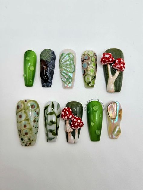 Fairy Witch Cottagecore Vibes | Fairycore custom press on set 🍄✨️ | Facebook Mushrooms Nails Design, Goth Mushroom Nails, 3d Leaf Nails, Moss Nail Art, 3d Mushroom Nails, Textures Nails, Green Mushroom Nails, Forest Fairy Nails, Green Flowers Nails