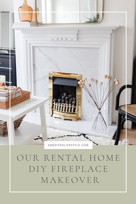 Our Rental Home DIY Fireplace Makeover - An Edited Lifestyle Contact Paper On Fireplace, Renter Friendly Fireplace Mantle, Fireplace Makeover Rental, Rental Friendly Fireplace, Rental Fireplace Makeover, Contact Paper Fireplace, Renter Friendly Fireplace Makeover, Rental Living Room, Renters Diy