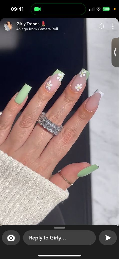 Green Nail With White Tip, Nail Inspiration Sage Green, Sage Green Nail Ideas Coffin, Nails Acrylic Sage Green Coffin, Sage Green And White Acrylic Nails, Green White Nail Designs, March Nails Coffin Shape, Square Acrylic Nails Sage Green, French Nails Sage Green