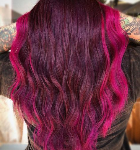 Magenta Hair With Dark Roots, Pink And Red Color Block Hair, Bright Burgundy Hair, Dark Roots Pink Hair Balayage, Burgundy Hair Braids, Maroon And Pink Hair, Two Tone Pink Hair, Burgundy And Pink Hair, Red And Pink Hair