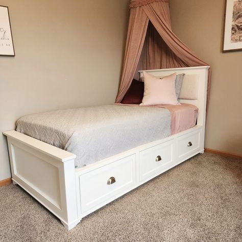 How to Build a Twin Bed Frame With Storage Drawers — Third Stall Woodworking Twin Bed With Dresser Underneath, Diy Twin Bed Frame With Storage, Build A Twin Bed Frame, Twin Bed Frame With Storage, Diy Twin Bed Frame, Twin Bed With Drawers, Bed Frame With Storage Drawers, Bee Frame, Diy Twin Bed