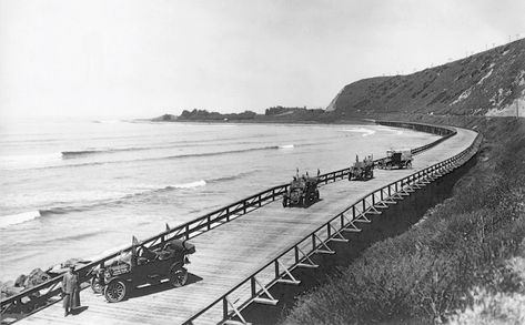 This circa 1910s photo is of the Rincon Parkway, which formed part of California’s State Route 1 – the glorious coastal drive between San Francisco and Los Angeles – specifically halfway between Santa Barbara and Ventura. While very scenic, I’d imagine those eucalyptus planks weren’t altogether impervious to the vagaries of the weather and ocean tides. But it sure must have been a thrilling drive while it lasted. Ventura Highway, Ventura County California, Ventura Beach, Highway 101, Ventura California, San Fernando Valley, Vintage Los Angeles, Ventura County, California Dreamin'