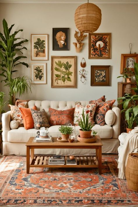 Bright Vintage Living Room, Cottage Boho Living Room, Boho Chic Living Room, Boho Living Room Decor, Classy Decor, Colourful Living Room, Eclectic Living Room, Living Room Scandinavian, Vintage Living Room