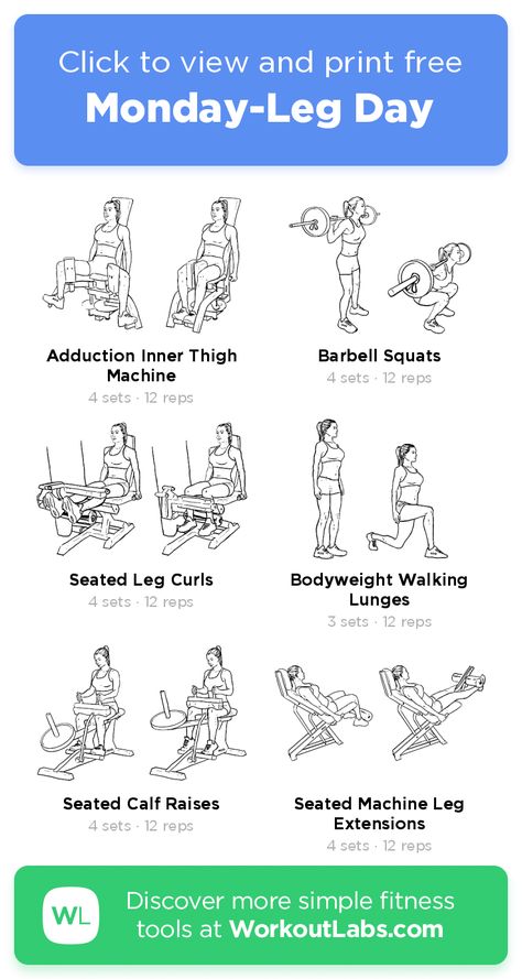 Monday-Leg Day – click to view and print this illustrated exercise plan created with #WorkoutLabsFit Womens Leg Day Workout Gym, Gym Workout Plan For Women Leg Day, Leg Day Workout At The Gym For Women Machine, Monday Leg Day Workout, Planet Fitness Leg Day Workout, Leg Day Women, Gym Leg Day, Workoutlabs Fit, Legs Exercise