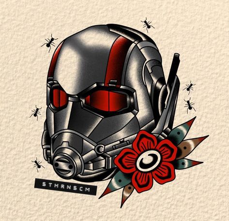 Ant Man Tattoo, Avengers Tattoo Design, Antman Tattoo, Marvel Sleeve, Ant Man Helmet, Ant Man Avengers, Leg Tats, Spiderman Tattoo, Avengers Tattoo