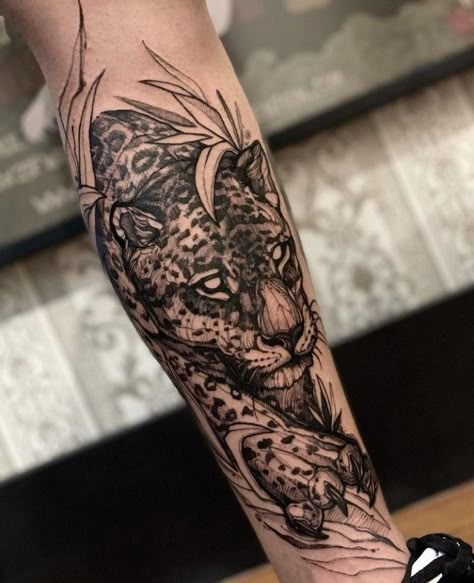 Japanese Style Jaguar Tattoo, Jaguar Rib Tattoo, Leopard Head Tattoo Design, Jaguar Tattoo Leg, Jaguar Arm Tattoo, Forearm Animal Tattoo, Panther Sleeve Tattoo, Animal Half Sleeve Tattoo, Jaguar Tattoo Men