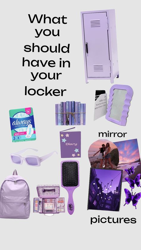 #locker #idea #purple What To Keep In Ur Locker, Cute Lockers For Middle School, Small Locker Decorations, Diy Locker Decorations For Middle School, Mini Locker Purple, Cute Locker Ideas, Locker Ideas, Locker Accessories, School Things