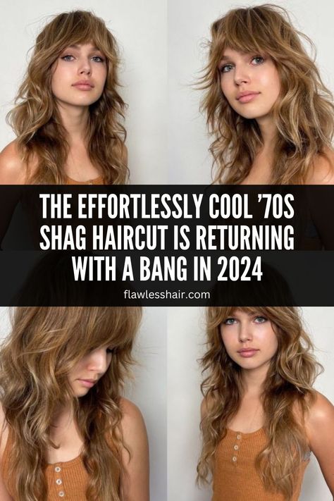 The Effortlessly Cool ’70s Shag Haircut Is Returning With A Bang In 2024 Shag Hairstyles Long Thick Hair, Loose Shag Haircut, Reverse Shag Haircut, Long Shag Haircut For Fine Hair, Long Shaggy Haircuts With Bangs, Shag With Blonde Highlights, Long 70s Shag, Stevie Nicks Hair Inspiration, 70’s Hair Short