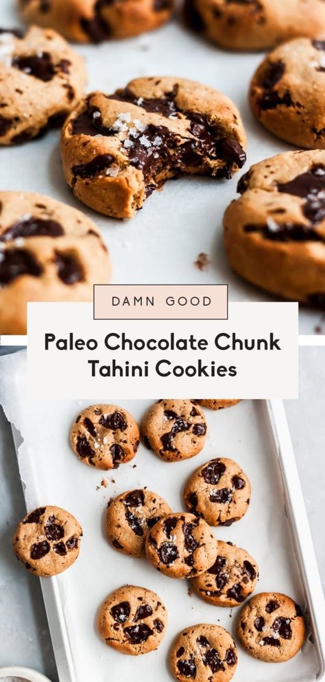 Damn good paleo chocolate chip tahini cookies with puddles of dark chocolate in every bite. These incredible tahini cookies are perfectly sweet, chewy, gluten free, dairy free and grain free! Plus, they're easy to make right in one bowl for the perfect dessert. #tahini #cookies #tahinicookies #paleocookies #almondlfour Paleo Carnitas, Paleo Cakes, Paleo Pasta, Paleo Ideas, Paleo Kitchen, Tahini Cookies, Lectin Free, Clean Baking, Paleo Cookies