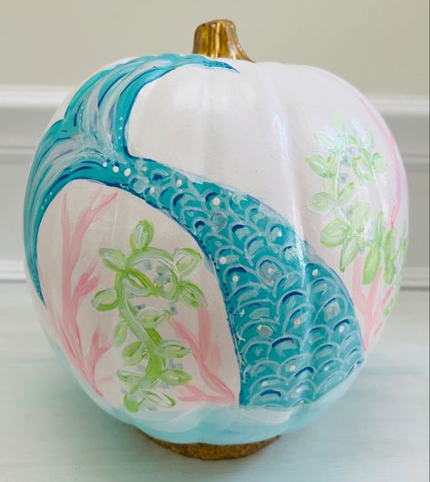 Beach Pumpkins Painting, Tall Pumpkin Painting Ideas, Mermaid Pumpkin Decorating, Mermaid Pumpkin Painting, Pumpkin Mermaid, Mermaid Pumpkin, Coastal Pumpkins, Coastal Halloween, Pumpkin Competition