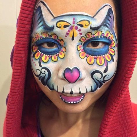 Kitty cat sugar skull Cat Sugar Skull, Skeleton Face Paint, Sugar Skull Face Paint, Kitty Face Paint, Cat Halloween Makeup, Skull Face Paint, Sugar Skull Face, Sugar Skull Cat, Skeleton Face