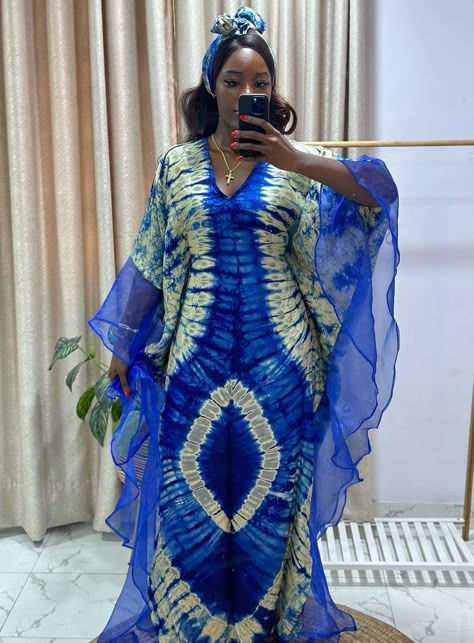 Adire Silk Bubu Dress - African Dress styles, African Fashion, Modern African Wear, Trendy African Fashion Dashiki Dress For Women, African Auntie Dress, Fitted Bubu Gown Styles, Loose Ankara Dress Styles, Silk Adire Styles For Women, Silk Boubou Styles For Women, Adire Dress Styles, Adire Bubu Styles, Blue Ankara Dress