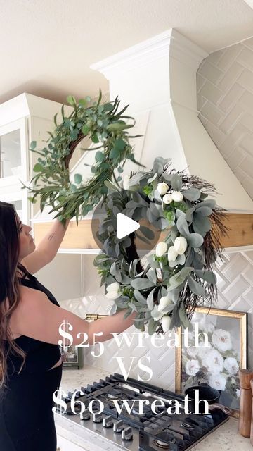 Alexis Gonzalez on Instagram: "$25 wreath VS $60 wreath! Comment SHOP for links sent directly to your dm! 

The $25 spring wreath is amazing! I can’t believe how full and beautiful it is! There is even white tulips in it! 
I do love my other spring wreath from last year but when comparing the wreaths and prices the $25 spring wreath is just as nice if not nicer and fuller than the $60 wreath! 
I was excited to get the first spring wreath I have bought this year on my venthood!! 

FOLLOW, LIKE, & SAVE this post for more affordable home decor!

#boujieonabudget #walmarthome #walmartfinds #springdecor #springwreath #kitchenviews #neutralhome #organichome #ａｅｓｔｈｅｔｉｃ #hyggehome 
White kitchens, timeless kitchens, diy venthood, diy kitchen, affordable home finds, how to decorate your kitchen, or Wreaths For Vent Hood, Wreath On Kitchen Hood, Wreath On Hood Vent, Wreath In Kitchen, Kitchen Wreath Ideas, Timeless Kitchens, Kitchen Wreath, Walmart Home, White Kitchens