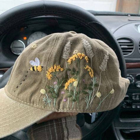 Ready for Shipping Hand Embroidery Wild Flower and Bee Baseball Cap, Khaki Color Denim Hat, Vintage Embroidered Floral Hat for Woman - Etsy Embroidered Hats Ideas, Embroidery Caps, Contemporary Embroidery, Floral Hat, Handmade Embroidery Designs, Embroidery Bags, Hat Embroidery, Denim Hat, Baby Sweater