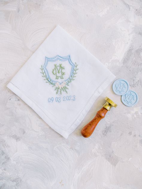 Linen Handkerchief with Custom Crest Blue Green Wedding Colors, Blue Green Wedding, Wedding Crest, Green Wedding Colors, Simple Elegant Wedding, Private Wedding, Chapel Hill Nc, Wedding Handkerchief, Wedding Wreaths