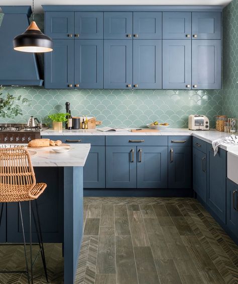 Fresh Sage  in the kitchen with stunning blue kitchen cabinets. Credit:  Topps Tiles #melaniejadedesign #kitchen #kitchenideas Sage Tile, Sage Green Kitchen, Fish Scale Tile, Grey Kitchen Designs, Art Deco Tiles, Topps Tiles, Fresh Sage, Blue Kitchen Cabinets, Dining Room Spaces