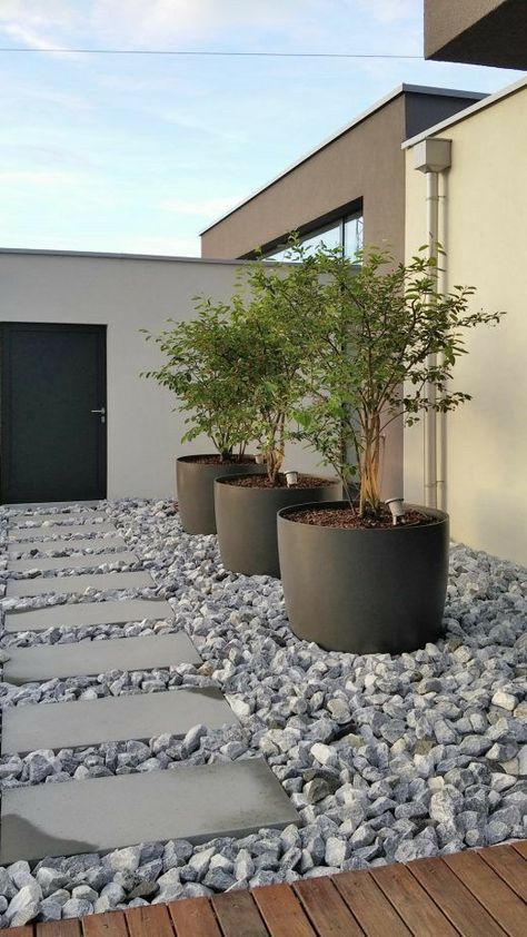 Modern Garden Patio, Side Yard Landscaping, Modern Front Yard, Stone Landscaping, Modern Backyard Landscaping, Landscaping Inspiration, Gravel Garden, Garden Walkway, Modern Landscape Design